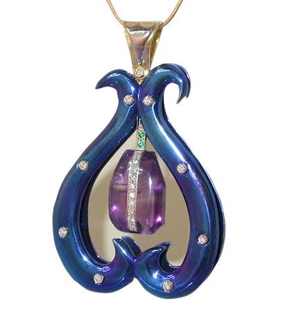 Carved Amethyst in Titanium Pendant