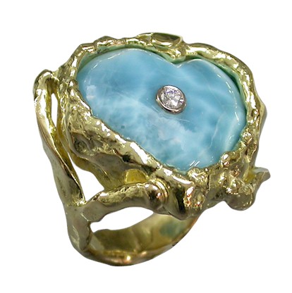 Carved Larimar in molton Gold Ring Setting