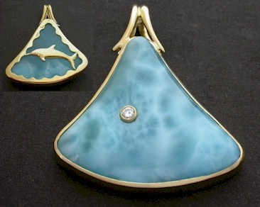 Larimar Dolphin reversible gold pendant